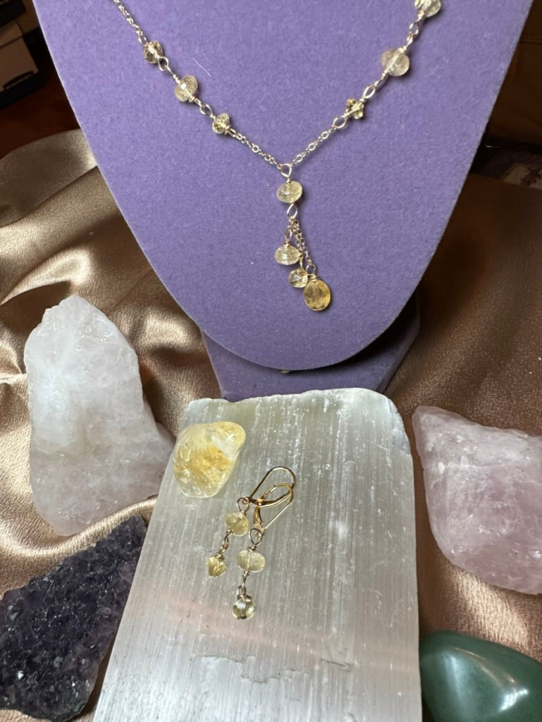 14K Gold Citrine Quartz Stunning Dainty Necklace & Earrings ✧･ﾟ