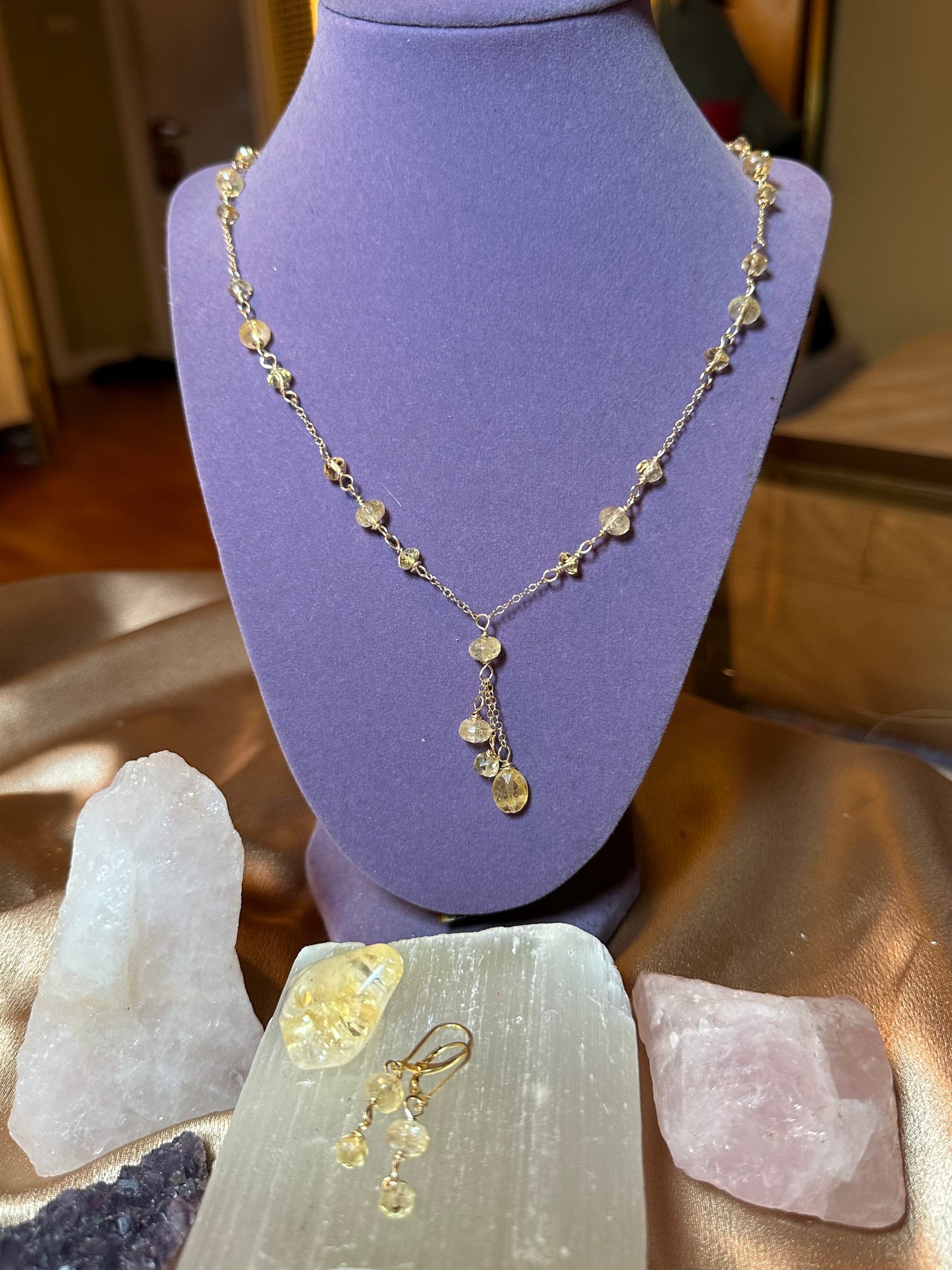 14K Gold Citrine Quartz Stunning Dainty Necklace & Earrings ✧･ﾟ