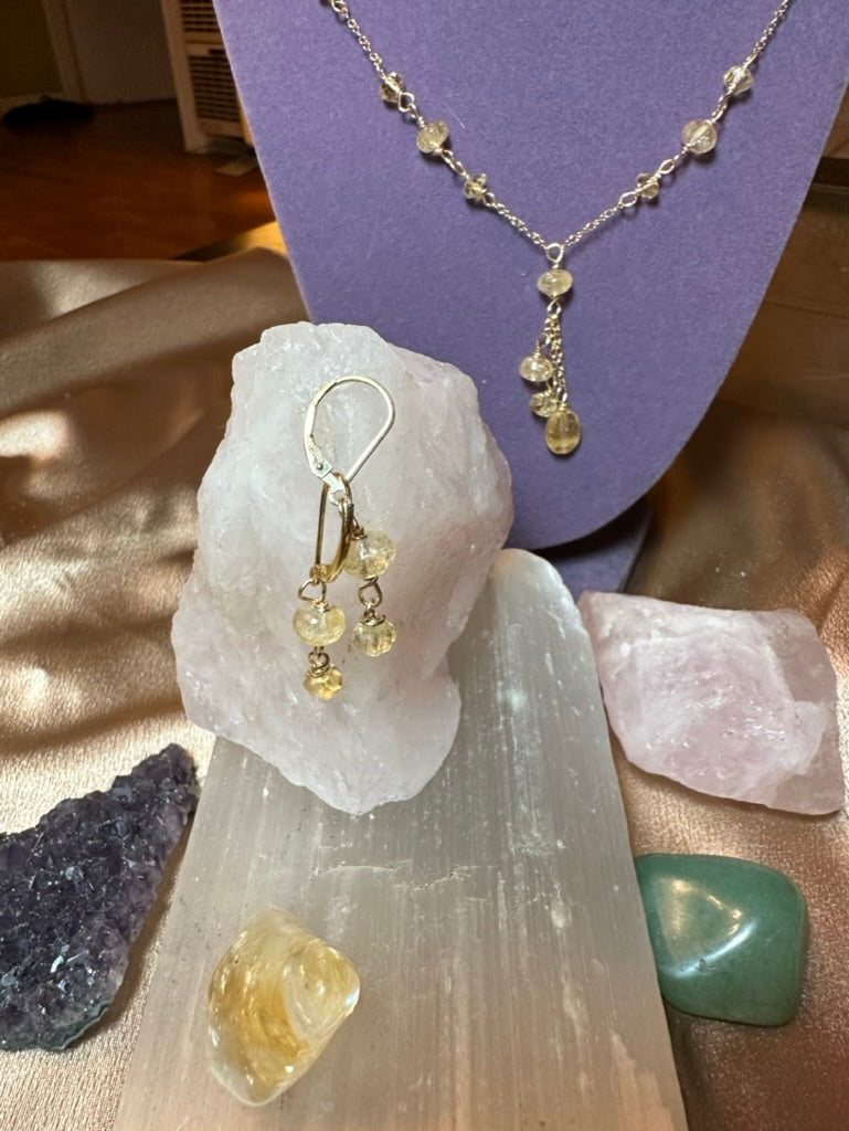 14K Gold Citrine Quartz Stunning Dainty Necklace & Earrings ✧･ﾟ