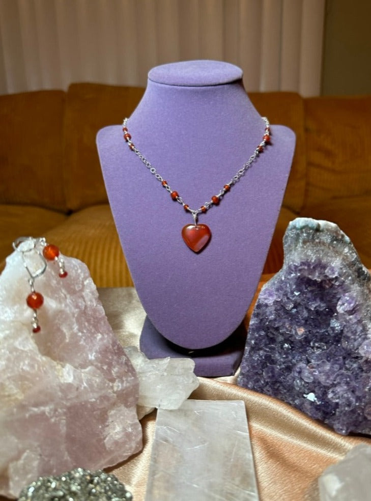 Red Carnelian Heart Dainty Necklace & Earrings ✧･ﾟ