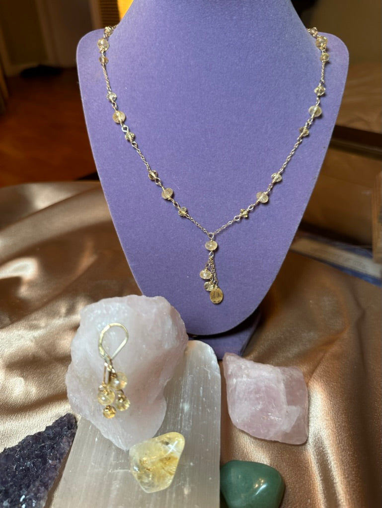 14K Gold Citrine Quartz Stunning Dainty Necklace & Earrings ✧･ﾟ