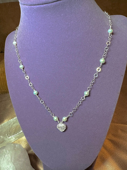 Pearl Sterling Silver Heart Necklace ✧･ﾟ