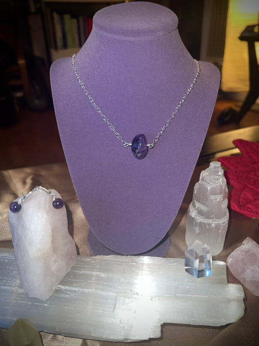 Single Amethyst Silver Chain Necklace & Earrings ✧･ﾟ