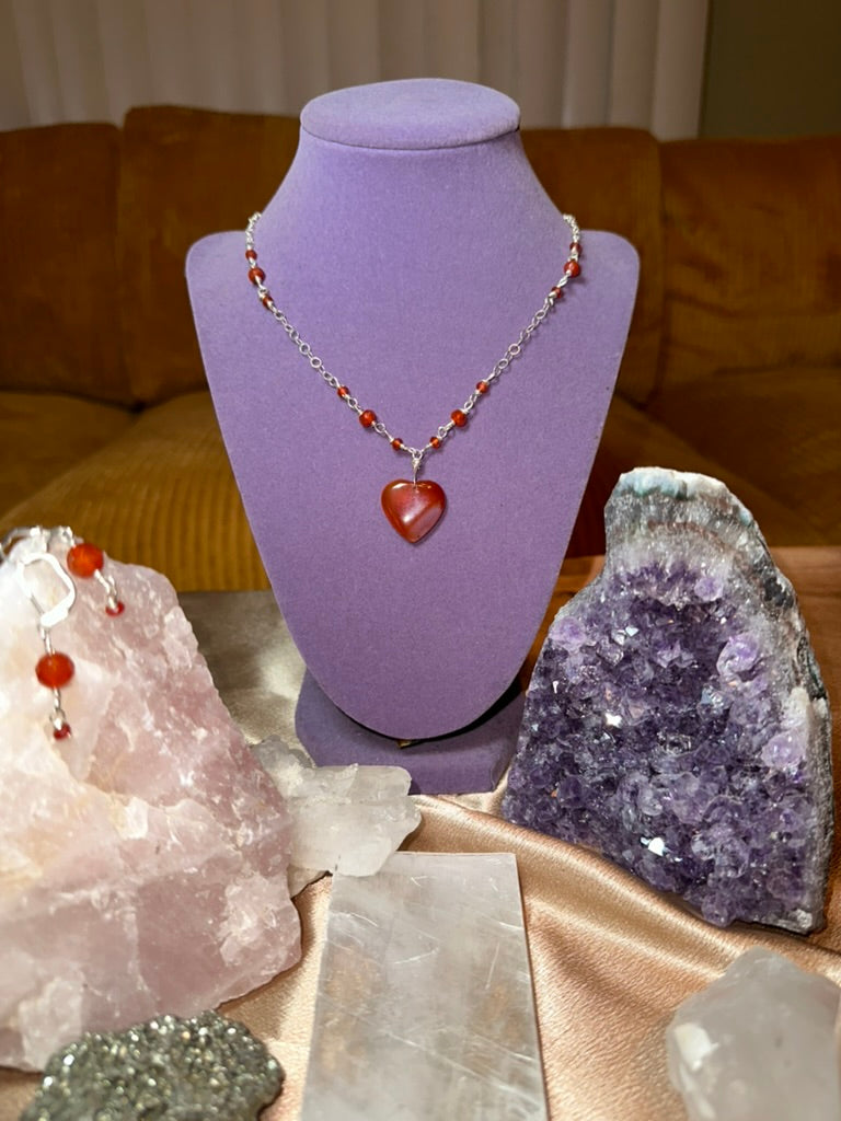 Red Carnelian Heart Dainty Necklace & Earrings ✧･ﾟ