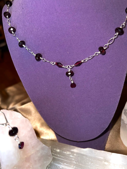 Blood Red Wine Garnet Dainty Necklace & Earrings ✧･ﾟ