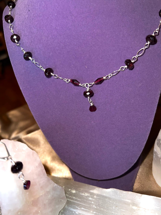 Blood Red Wine Garnet Dainty Necklace & Earrings ✧･ﾟ