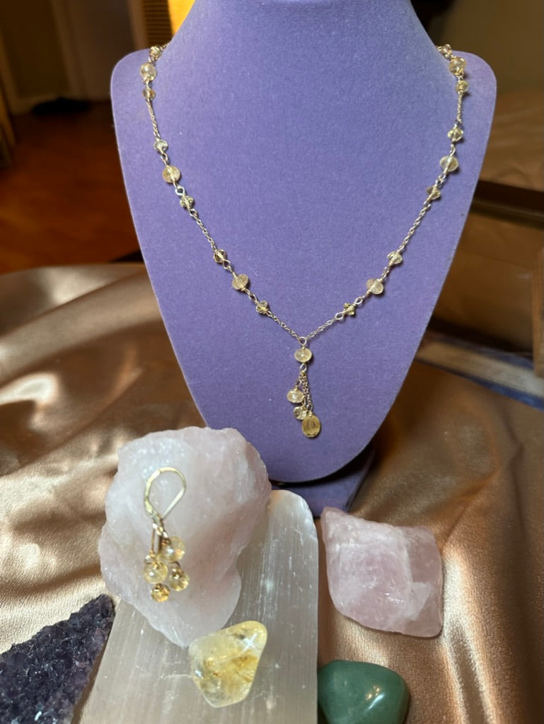 14K Gold Citrine Quartz Stunning Dainty Necklace & Earrings ✧･ﾟ