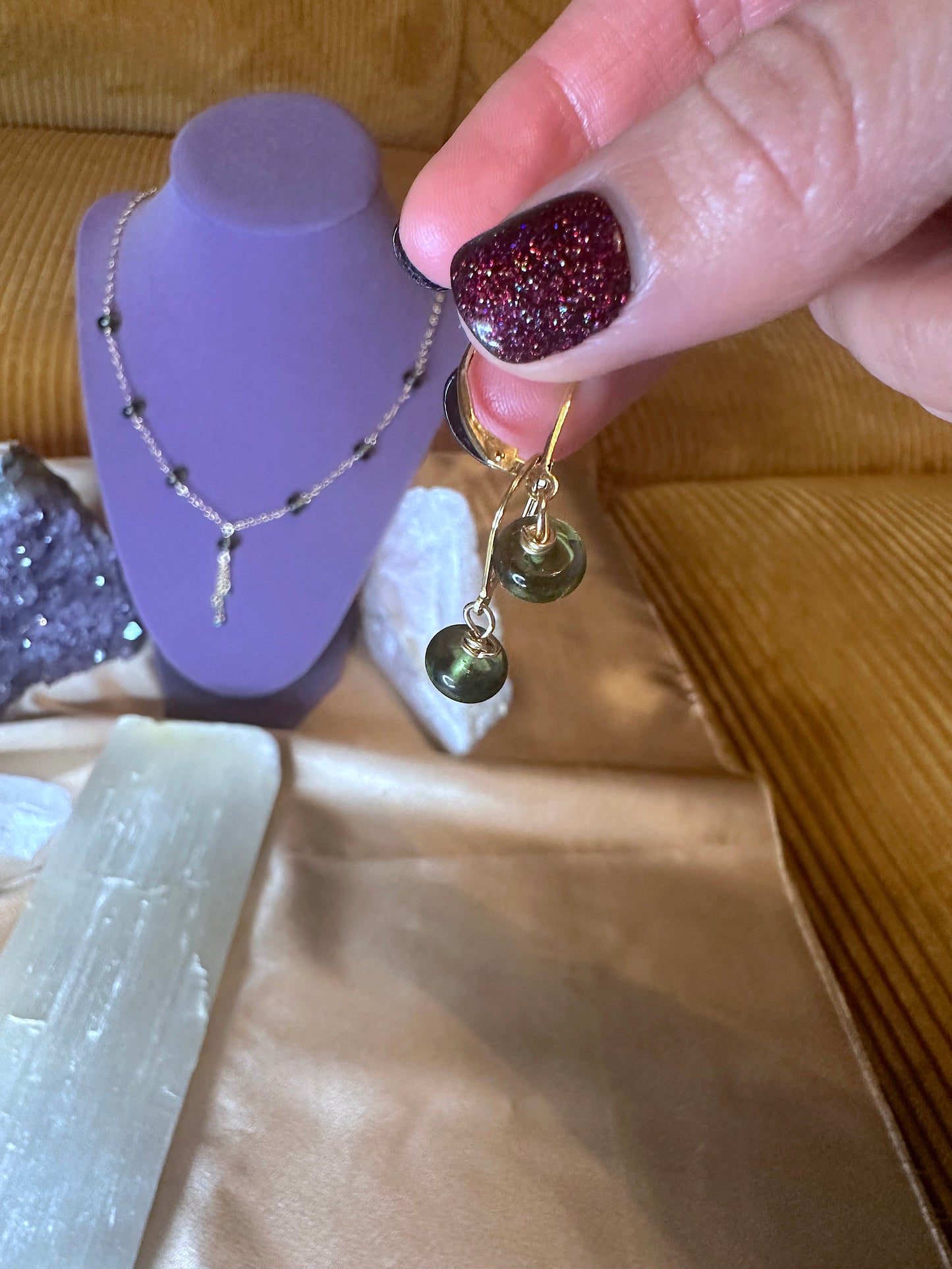 RARE Moldavite Necklace & Earrings ✧･ﾟwith Jade, Emerald, & 14k Gold ✧･ﾟ