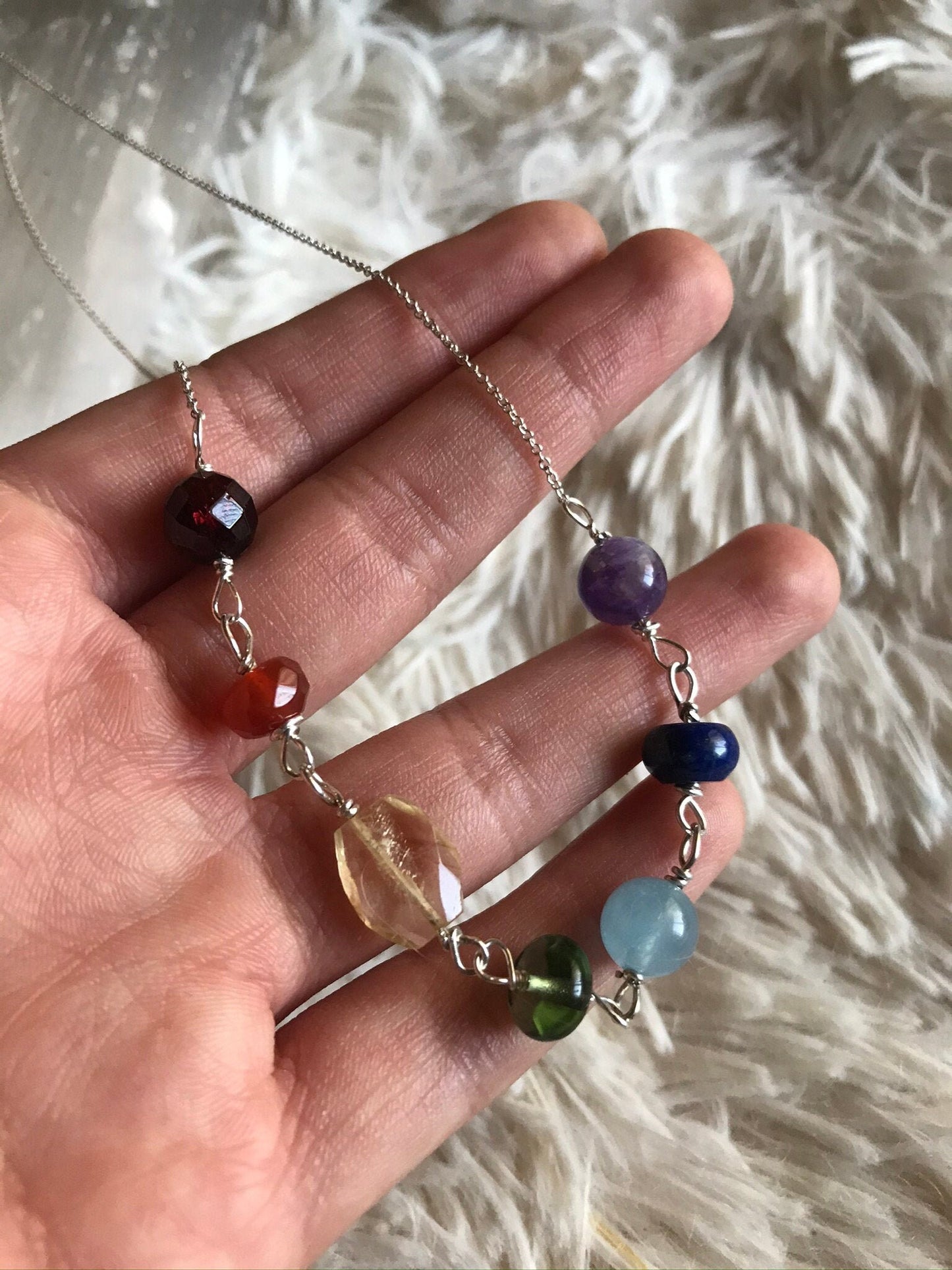 Power Chakra Necklace ✧･ﾟwith Moldavite, Amethyst, Lapis Lazuli, Aquamarine, Citrine Quartz, Carnelian, Garnet✧･ﾟ