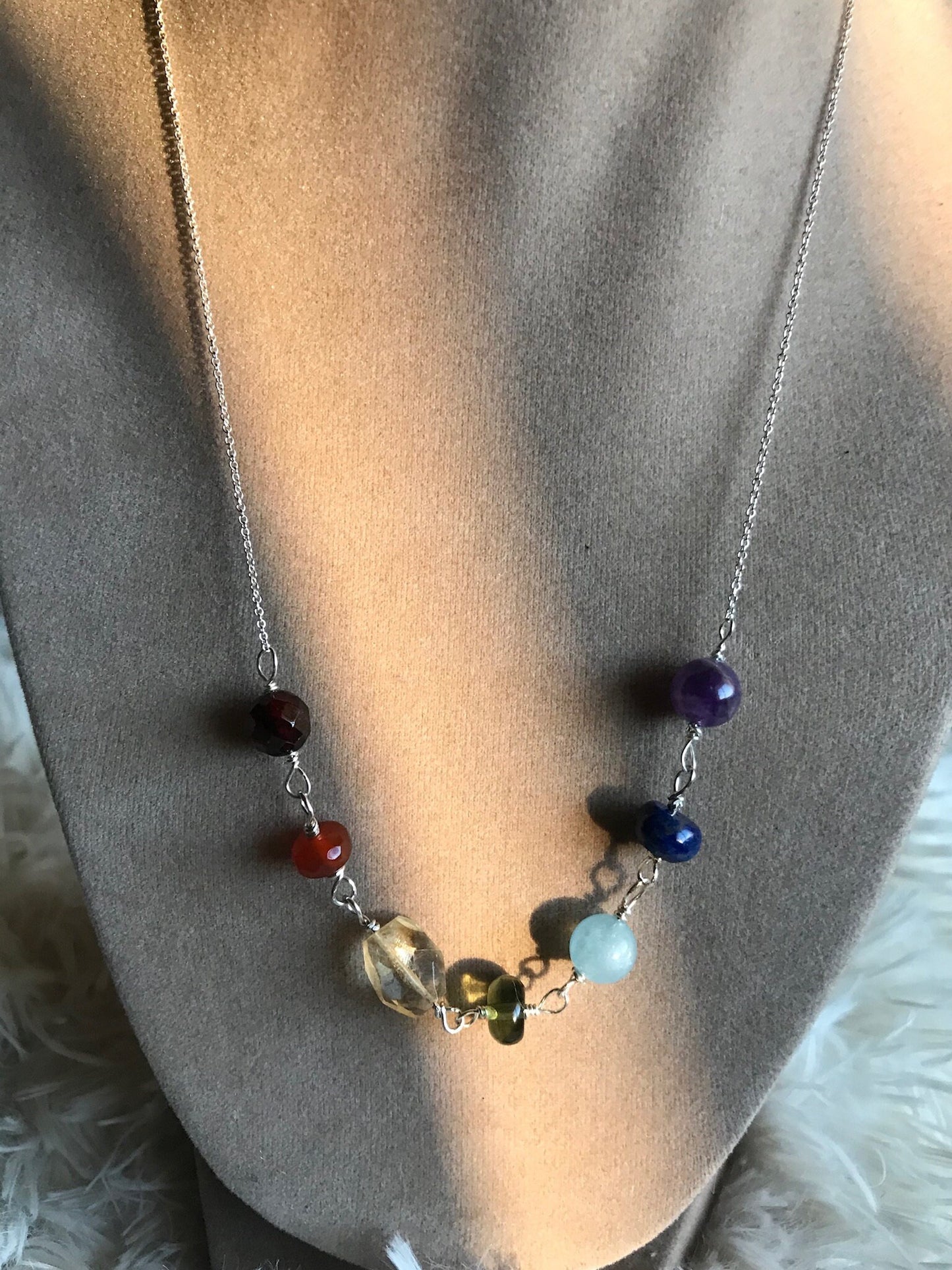 Power Chakra Necklace ✧･ﾟwith Moldavite, Amethyst, Lapis Lazuli, Aquamarine, Citrine Quartz, Carnelian, Garnet✧･ﾟ